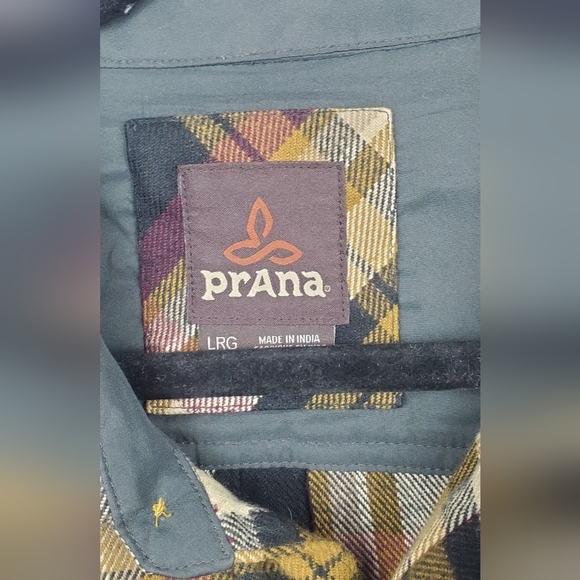 Prana‎ Flannel Shirt Adults Large Plaid Black Yellow Front Pockets Button Mens L - Picture 3 of 7